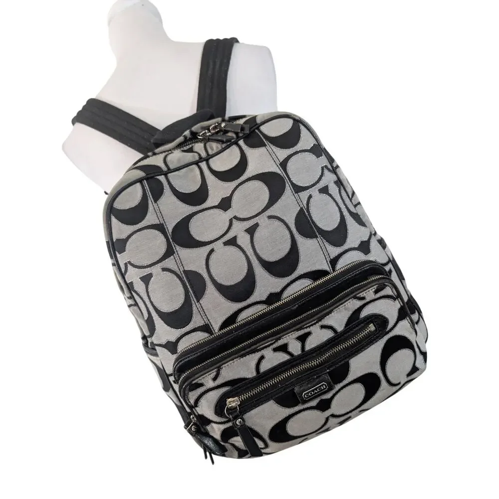 COACH! FAB BLACK, GRAY & SILVER MONOGRAM VINTAGE FULL SIZE BACKPACK, BAG, PURSE!